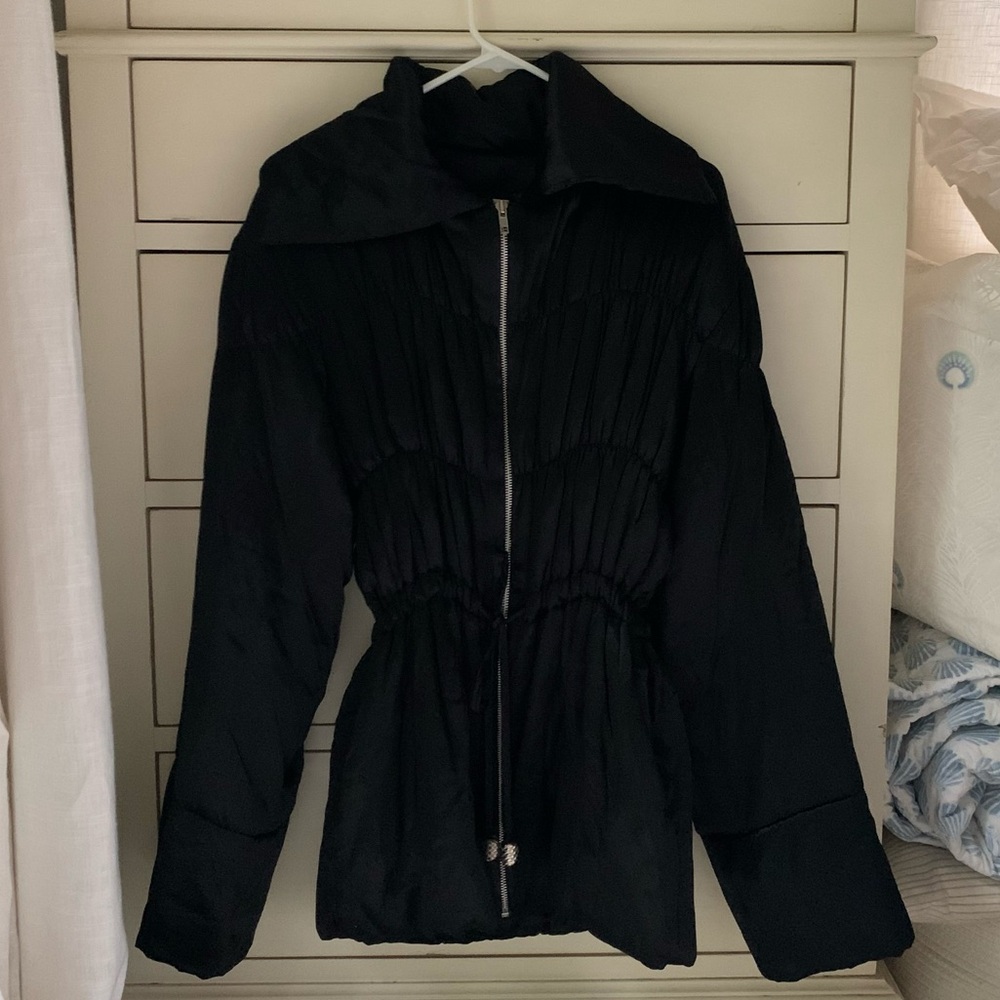 Sharagano Paris Black Puffer Coat Cinched Waist Wool Cashmere